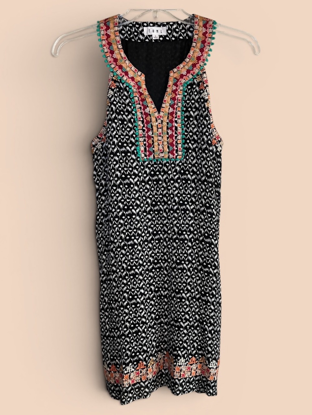 THML Black and White Embroidered Mini Boho Shift Dress Size Large (runs small)